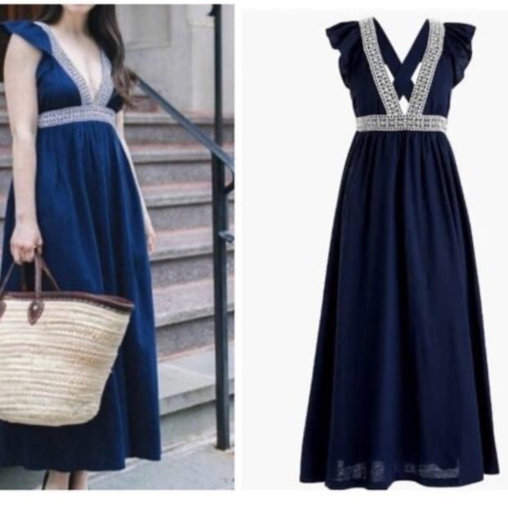 J.Crew Navy Maxi Dress Lace Trim Deep V-Neck Crisscross Back Flutter Sleeves - Picture 2 of 16